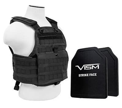 Vism Series Plate Carrier Vest w/ Two BSC1012 PE Hard Plates - Shooters Cut 10in X12in Black