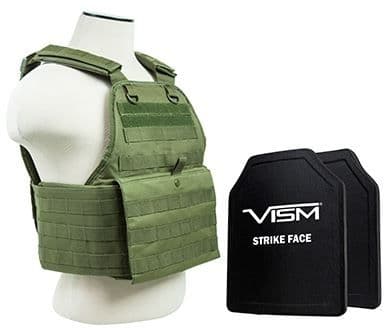Vism Series Plate Carrier Vest w/ Two BSC1012 PE Hard Plates - Shooters Cut 10in X12in Green