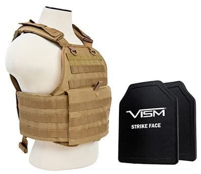 Vism Series Plate Carrier Vest w/ Two BSC1012 PE Hard Plates - Shooters Cut 10in X12in Tan