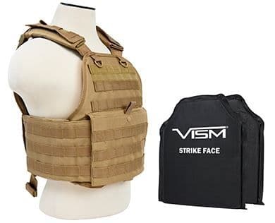 Vism Series Plate Carrier Vest w/ Two BSC1012 Soft Ballistic Panels - Shooters Cut 10in X12in Tan