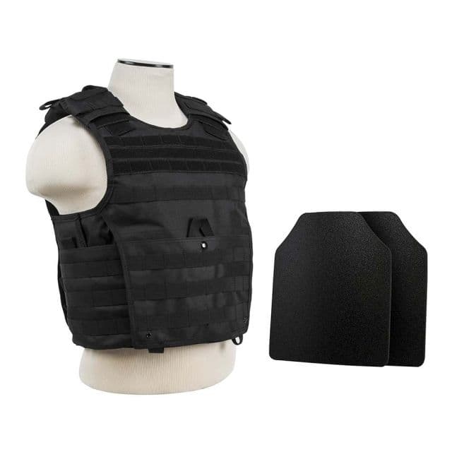 Vism Expert Plate Carrier Vest w/2 10x12in Level IIIA Shooters Cut Hard Ballistic Panels Black Large