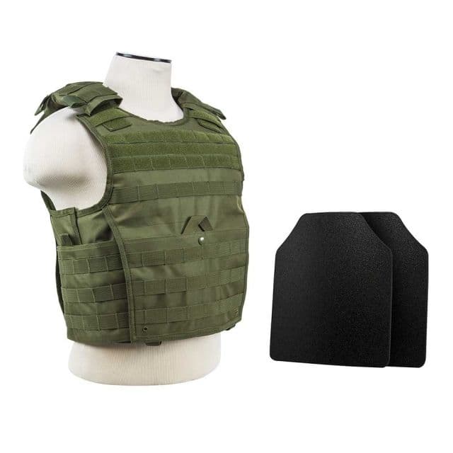Vism Expert Plate Carrier Vest w/2 10x12in Level IIIA Shooters Cut Hard Ballistic Panels Green Large