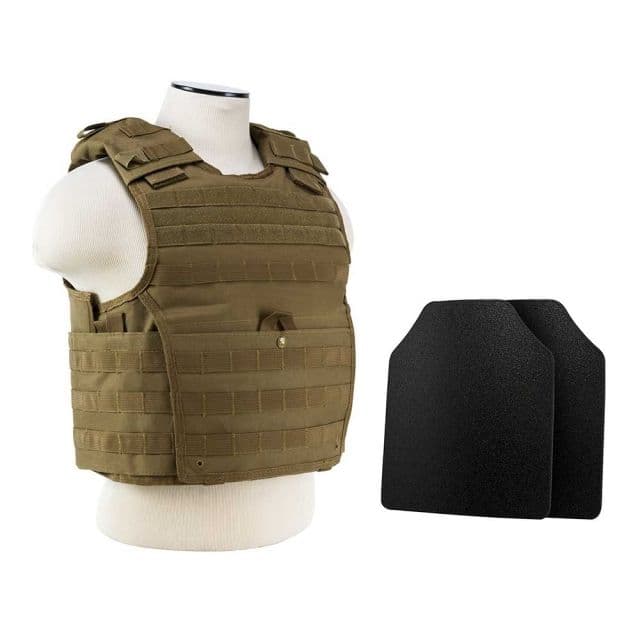 Vism Expert Plate Carrier Vest w/2 10x12in Level IIIA Shooters Cut Hard Ballistic Panels Tan Large