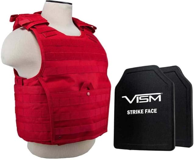 VISM Expert Plate Carrier Vest w/Two 10X12 LVL III+ Shooters Cut Hard Ballistic Plates Med - 2XL Red