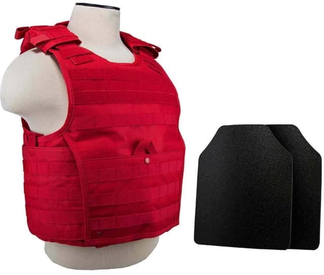 VISM Expert Plate Carrier Vest w/Two 10X12 LVL IIIA Shooters Cut Hard Ballistic Plates Med - 2XL Red