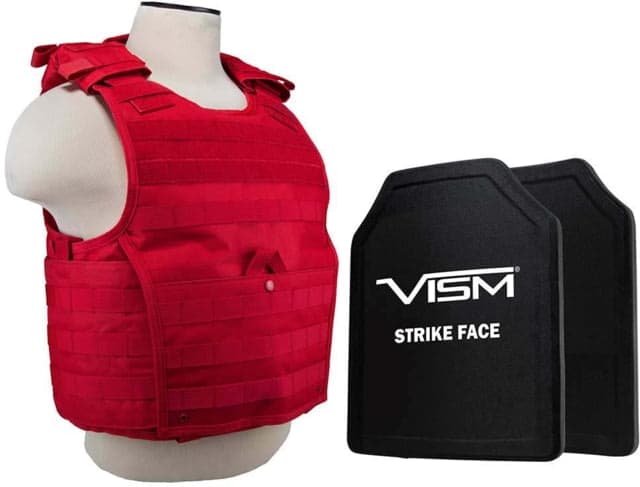 VISM Expert Plate Carrier Vest w/Two 11X14 LVL III+ Shooters Cut Hard Ballistic Plates Med - 2XL Red
