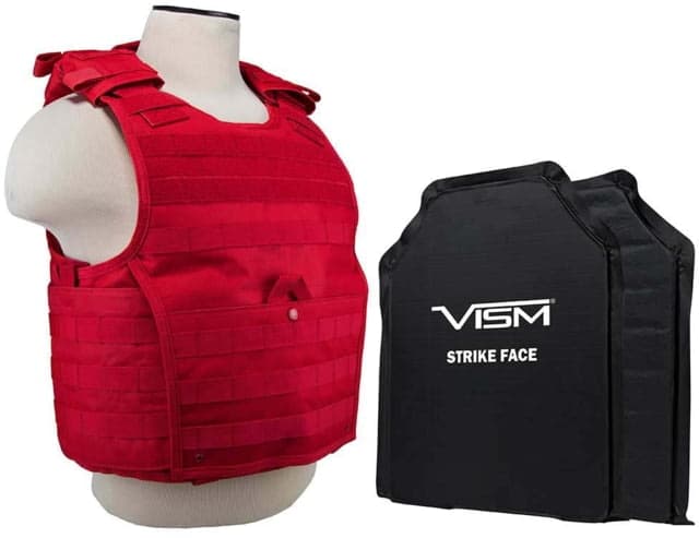 VISM Expert Plate Carrier Vest w/Two 11X14 LVL IIIA Shooters Cut Soft Ballistic Panels Med-2XL Red