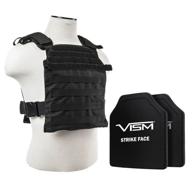 Vism Fast Plate Carrier w/2 10x12in Level III and PE Shooters Cut Hard Ballistic Plates Black