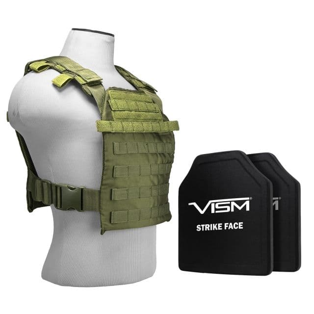 Vism Fast Plate Carrier w/2 10x12in Level III and PE Shooters Cut Hard Ballistic Plates Green
