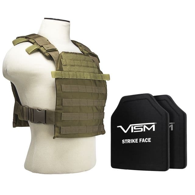 Vism Fast Plate Carrier w/2 10x12in Level III and PE Shooters Cut Hard Ballistic Plates Tan