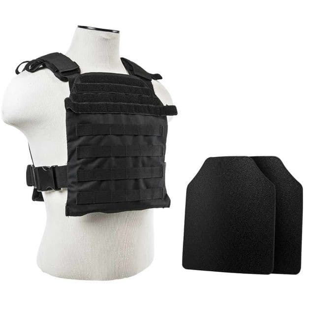 Vism Fast Plate Carrier w/2 10x12in Level IIIA Shooters Cut Hard Ballistic Plates Black