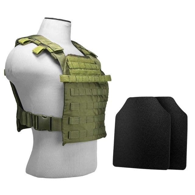 Vism Fast Plate Carrier w/2 10x12in Level IIIA Shooters Cut Hard Ballistic Plates Green