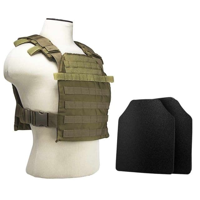 Vism Fast Plate Carrier w/2 10x12in Level IIIA Shooters Cut Hard Ballistic Plates Tan