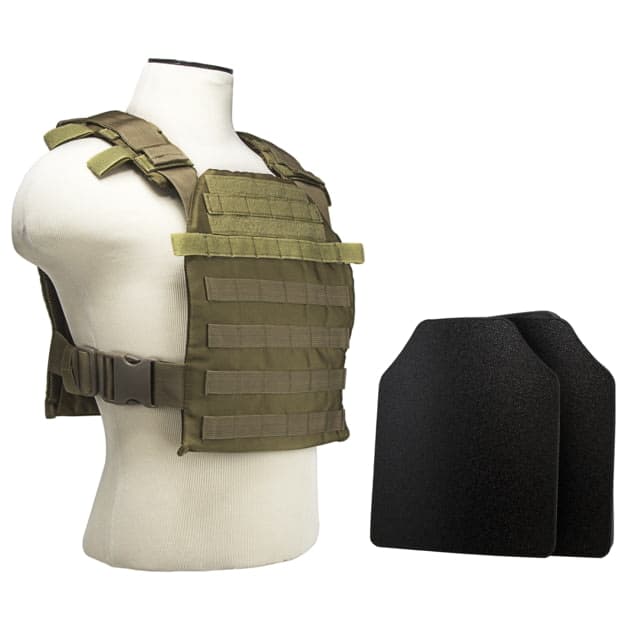 VISM Large Fast Plate Carrier w/UHMWPE Curved 11x14'' Level IIIA Shooters Cut 2X Hard Ballistic Plates Tan