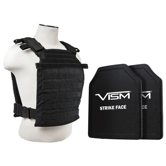 Vism Larger Fast Plate Carrier w/2 11x14in Level III and PE Shooters Cut Hard Ballistic Plates Black