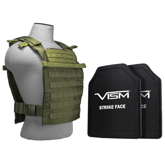 Vism Larger Fast Plate Carrier w/2 11x14in Level III and PE Shooters Cut Hard Ballistic Plates Green