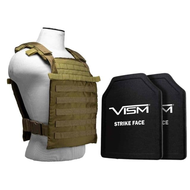 Vism Larger Fast Plate Carrier w/2 11x14in Level III and PE Shooters Cut Hard Ballistic Plates Tan
