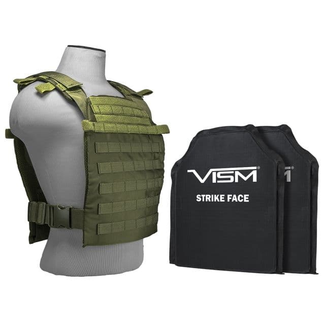 Vism Larger Fast Plate Carrier w/2 11x14in Level IIIA Shooters Cut Soft Ballistic Panels Green