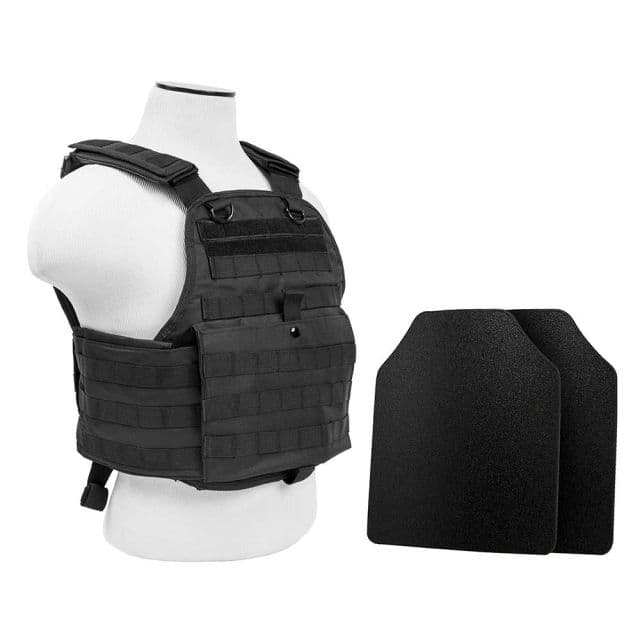 Vism Plate Carrier Vest w/2 10x12in Level IIIA Shooters Cut Hard Ballistic Panels Black