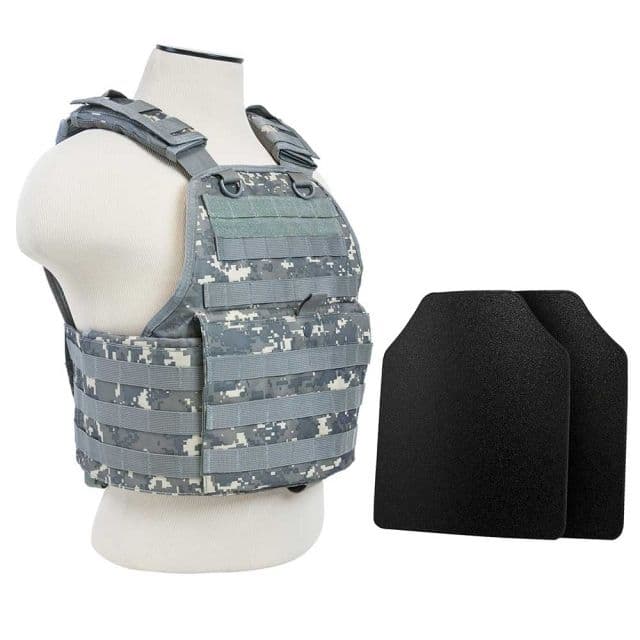Vism Plate Carrier Vest w/2 10x12in Level IIIA Shooters Cut Hard Ballistic Panels Digital Camo