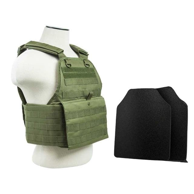 Vism Plate Carrier Vest w/2 10x12in Level IIIA Shooters Cut Hard Ballistic Panels Green