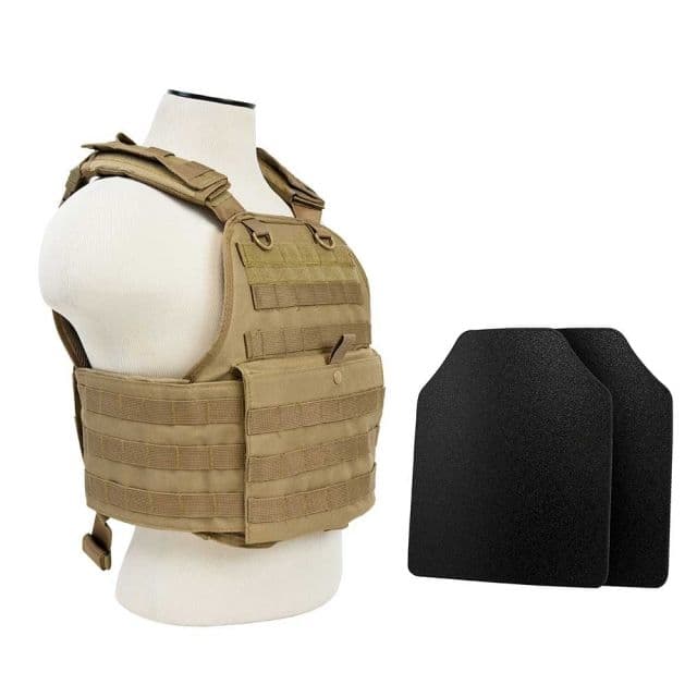 Vism Plate Carrier Vest w/2 10x12in Level IIIA Shooters Cut Hard Ballistic Panels Tan