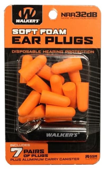 Walkers Foam Ear Plug w/Black Aluminum Carry Canister 32 dB NRR 7-Pairs Neon Orange