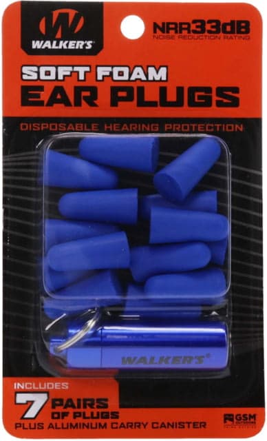 Walkers Foam Ear Plug w/Orange Aluminum Carry Canister 32 dB NRR 7-Pairs Blue